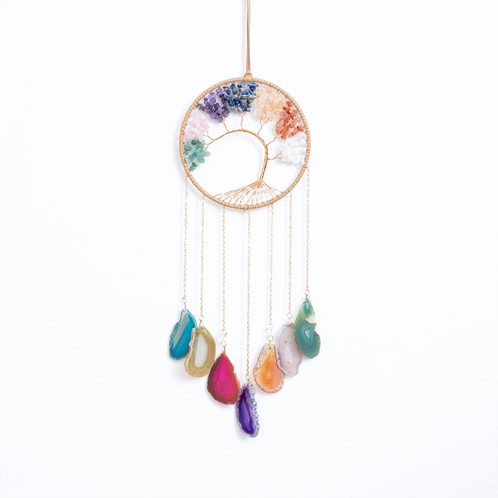 Natural Crystal Jade Seven-Chakra Energy Stone Agate Piece Tree of Life Wind Chime Wall Handmade Colorful