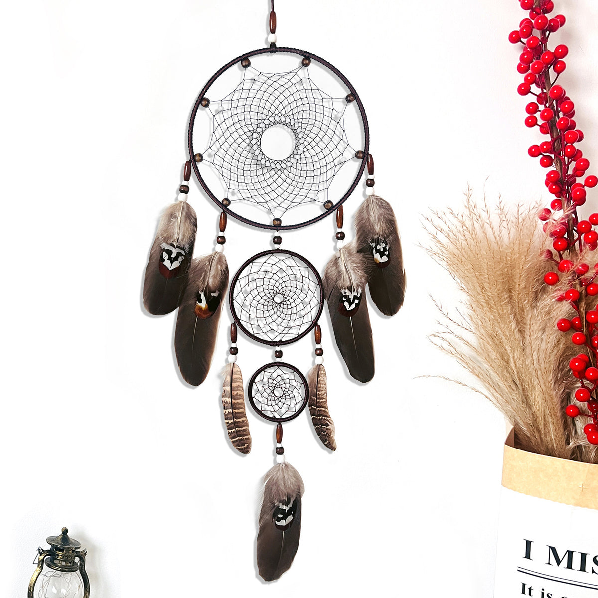 Black Dream Catcher Hanging Feather Wind Chime Hand-Woven Creative Wall Hanging Three-Ring Pendant Export Cross-Border Hot Sale