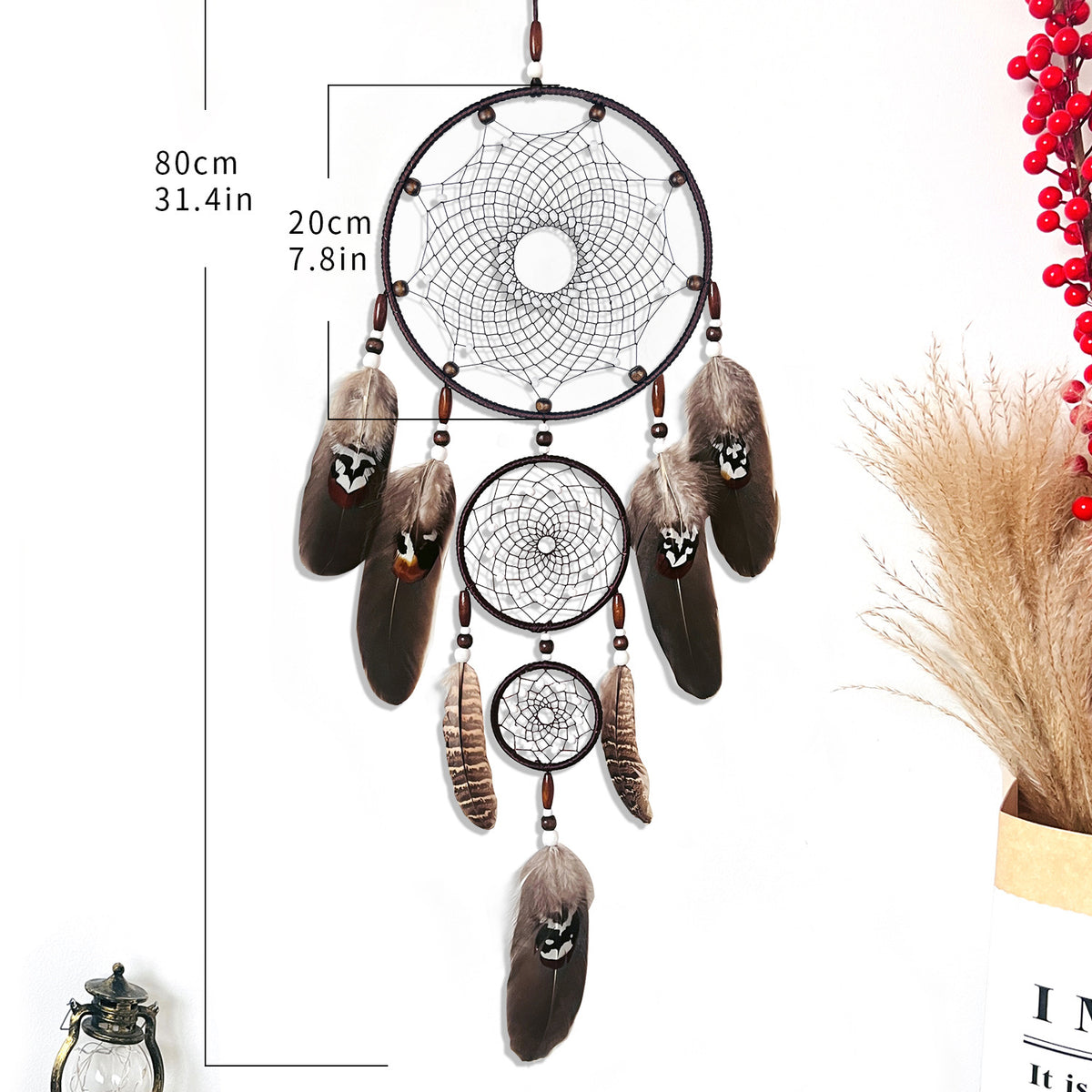 Black Dream Catcher Hanging Feather Wind Chime Hand-Woven Creative Wall Hanging Three-Ring Pendant Export Cross-Border Hot Sale