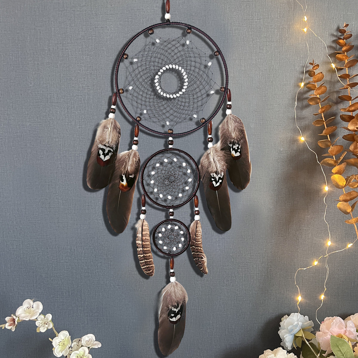 Black Dream Catcher Hanging Feather Wind Chime Hand-Woven Creative Wall Hanging Three-Ring Pendant Export Cross-Border Hot Sale