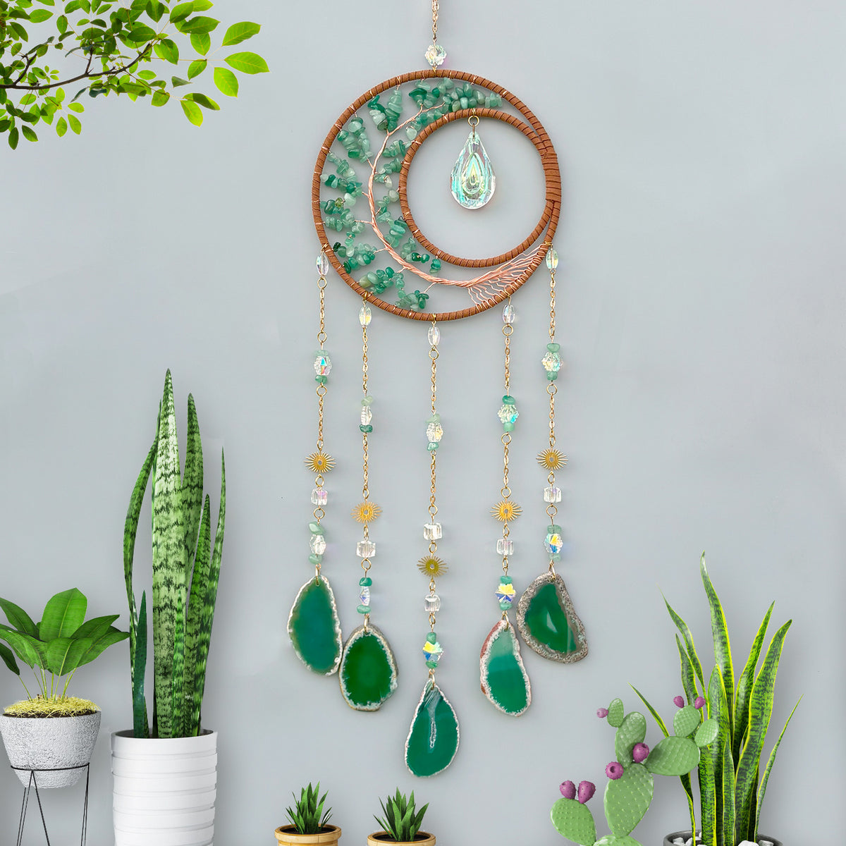 Cross-border New Natural Crystal Original Stone Life Tree Gravel Moon Sun Catcher Wind Bell Pendant Garden Hanging Ornaments