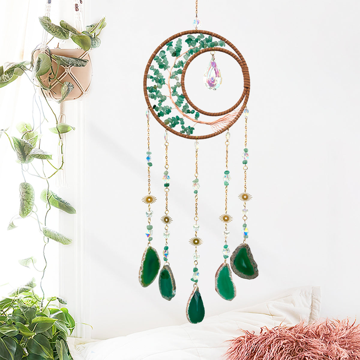 Cross-border New Natural Crystal Original Stone Life Tree Gravel Moon Sun Catcher Wind Bell Pendant Garden Hanging Ornaments