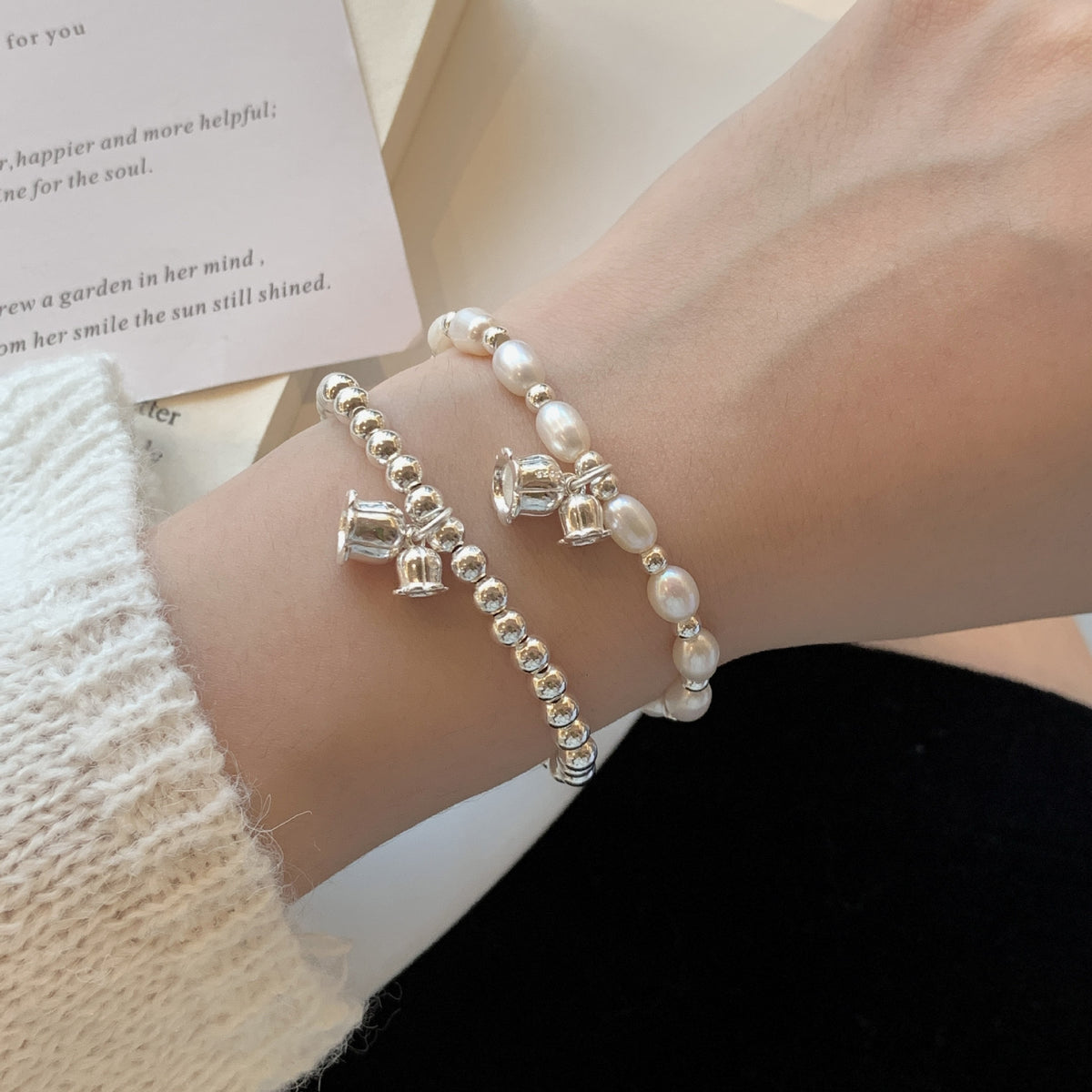 Tiki Real Pat S925 Sterling Silver Suzuki Orchid Freshwater Pearl Bracelet Women's Light Luxury Exquisite Silver Bead Bracelet Stacked Wear Bracelet