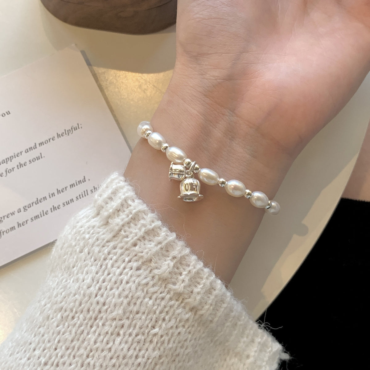 Tiki Real Pat S925 Sterling Silver Suzuki Orchid Freshwater Pearl Bracelet Women's Light Luxury Exquisite Silver Bead Bracelet Stacked Wear Bracelet