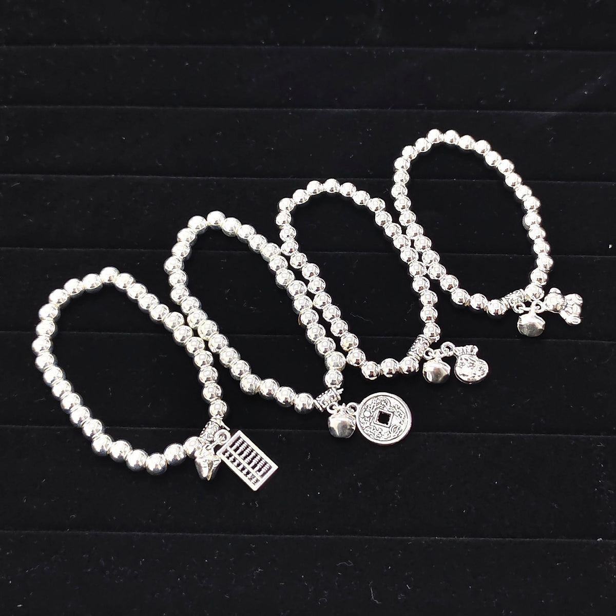 Beaded Lucky Cat Bracelet, Silver-Plated Bracelet with Round Beads, Elastic Cord Handmade Beaded Bracelet from Yunnan, Guizhou, and Sichuan, Auspicious Elephant Bell