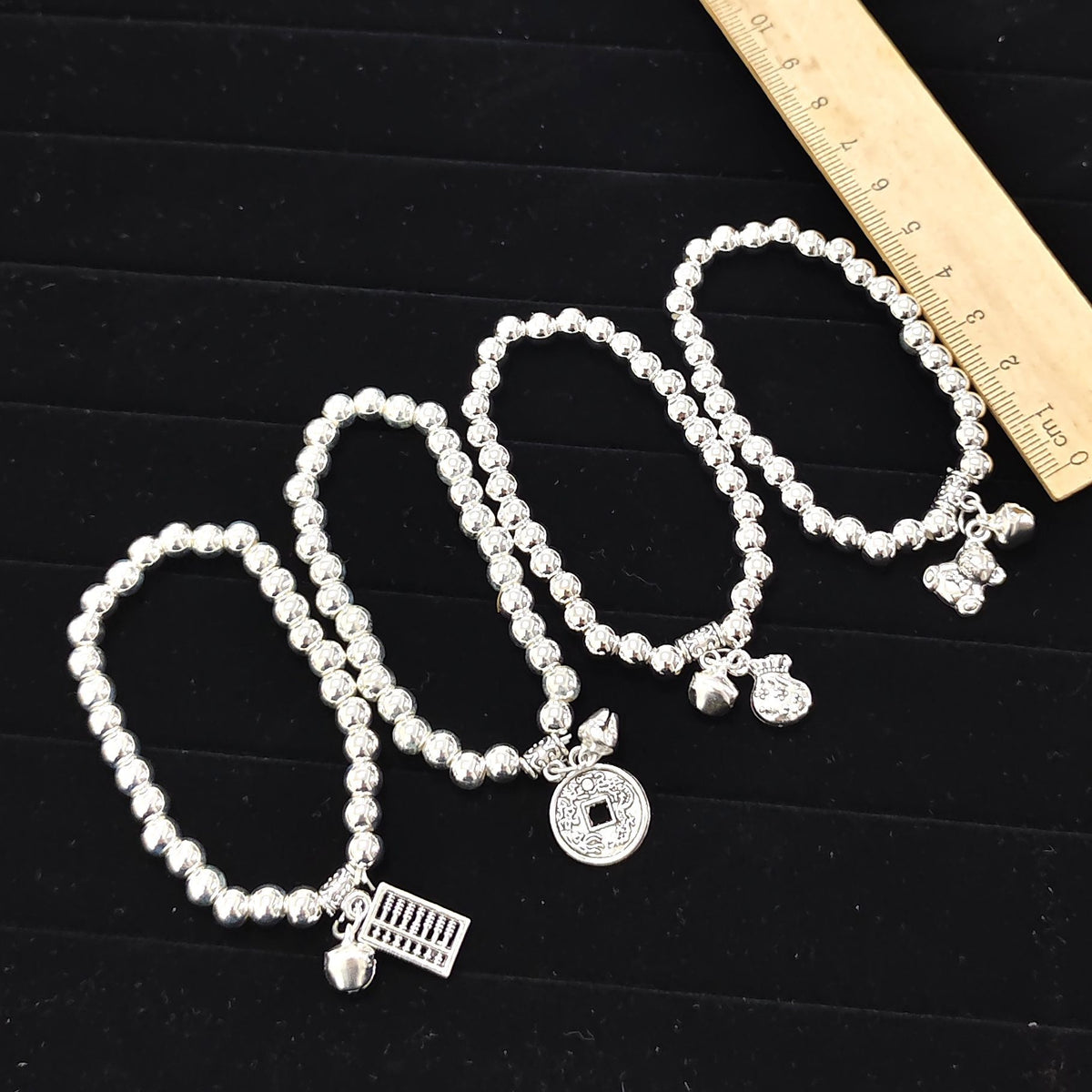 Beaded Lucky Cat Bracelet, Silver-Plated Bracelet with Round Beads, Elastic Cord Handmade Beaded Bracelet from Yunnan, Guizhou, and Sichuan, Auspicious Elephant Bell