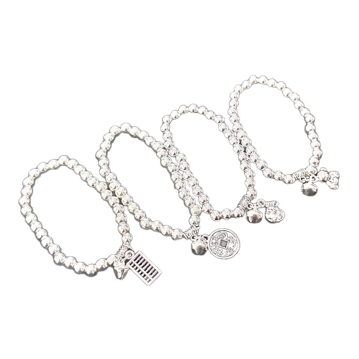 Beaded Lucky Cat Bracelet, Silver-Plated Bracelet with Round Beads, Elastic Cord Handmade Beaded Bracelet from Yunnan, Guizhou, and Sichuan, Auspicious Elephant Bell