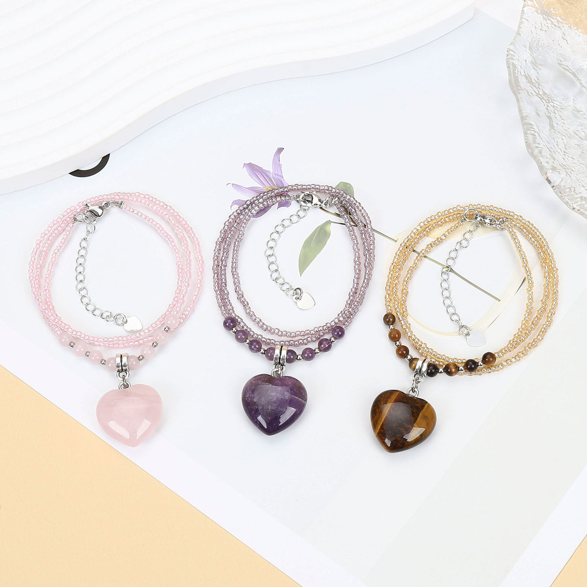 Cross-Border Natural Stone Necklace, Love Pendant, Personalized Jewelry, Heart-Shaped Rose Quartz, Amethyst, Tiger Eye, Lapis Lazuli Accessories Necklace
