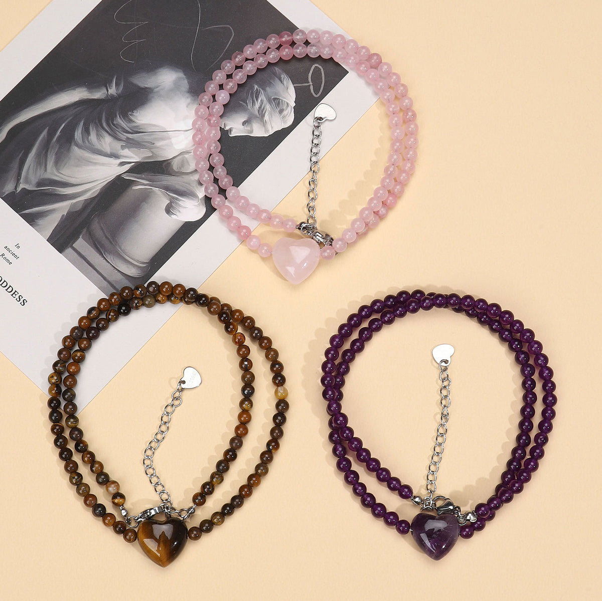 Cross-Border Crystal Stone Love Pendant Round Bead Chain Fashion Niche Design Jewelry Tiger Eye Stone Necklace Factory Direct Sale