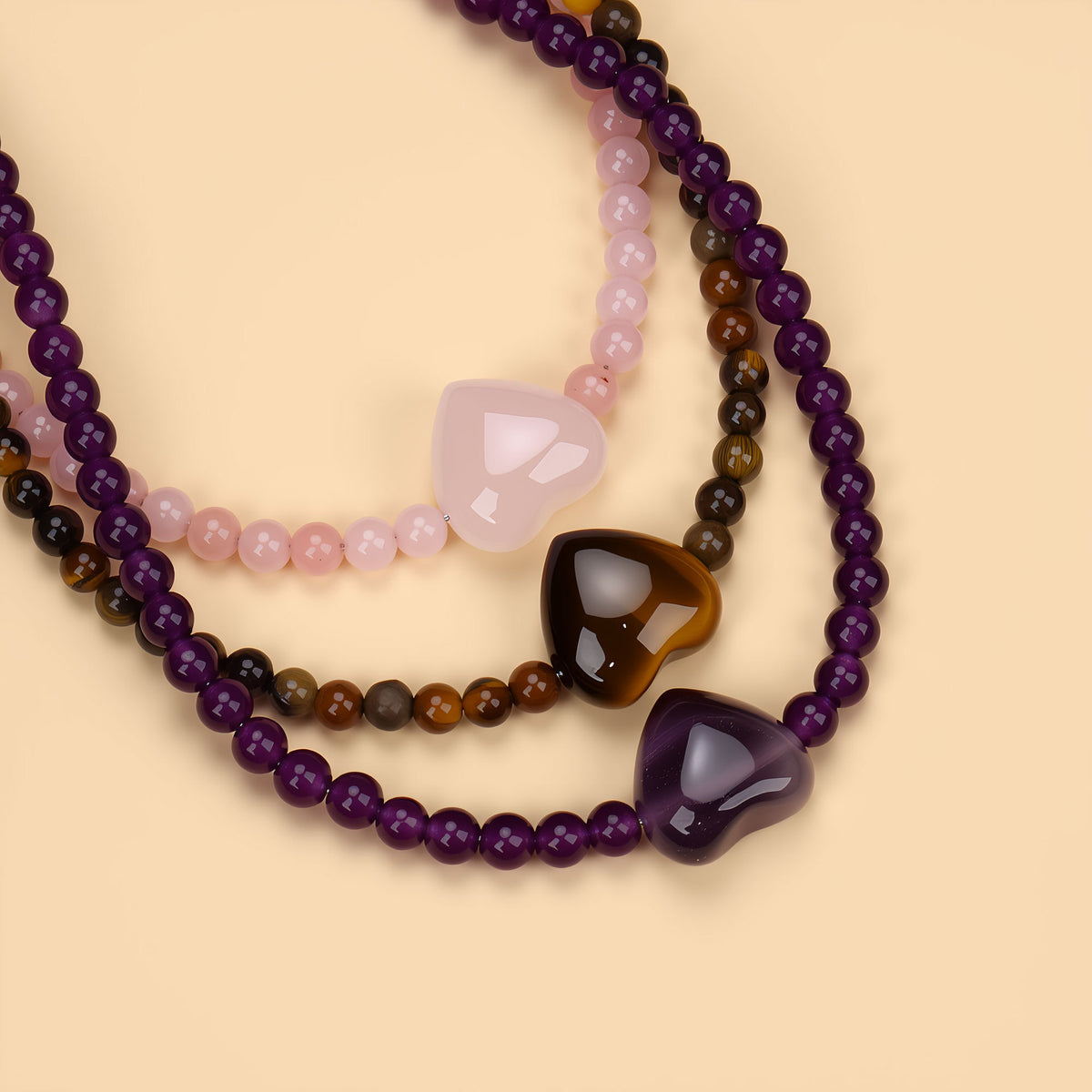 Cross-Border Crystal Stone Love Pendant Round Bead Chain Fashion Niche Design Jewelry Tiger Eye Stone Necklace Factory Direct Sale