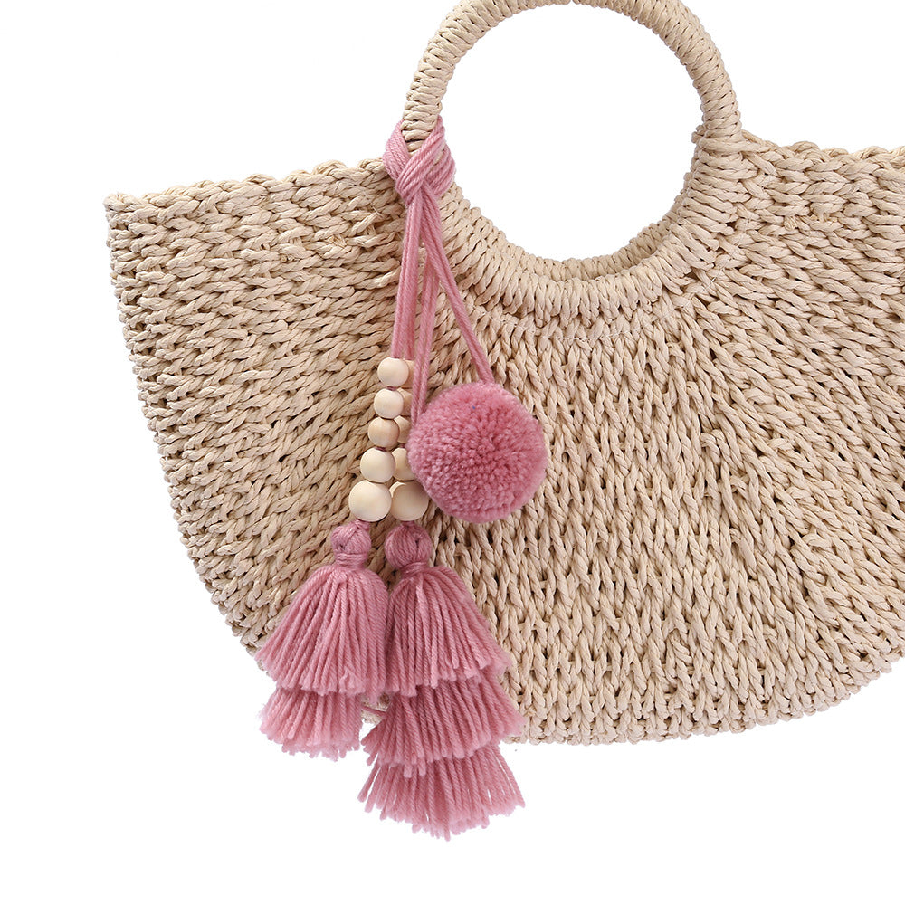 Wooden Bead Pom-Pom Tassel Pendant DIY Handmade Woven Pendant Ethnic Style Bag Charm Keychain Pendant Accessory
