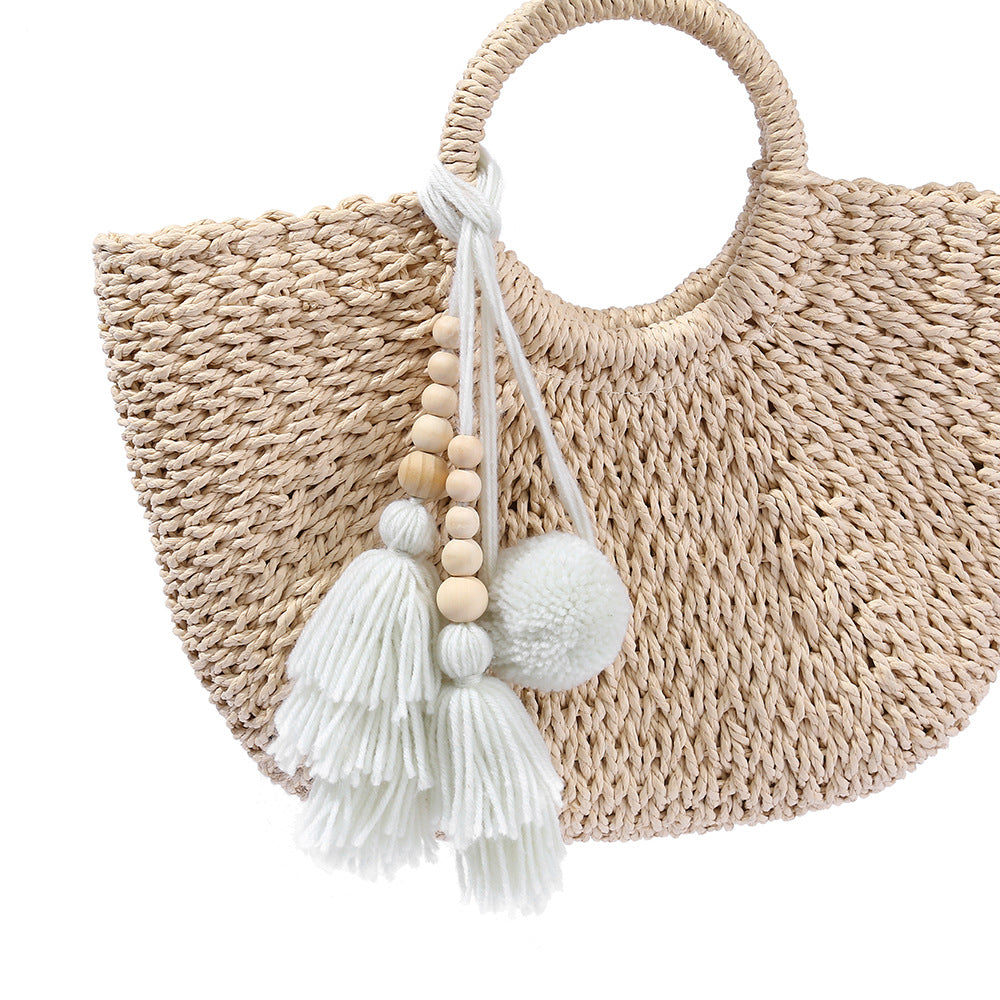 Wooden Bead Pom-Pom Tassel Pendant DIY Handmade Woven Pendant Ethnic Style Bag Charm Keychain Pendant Accessory