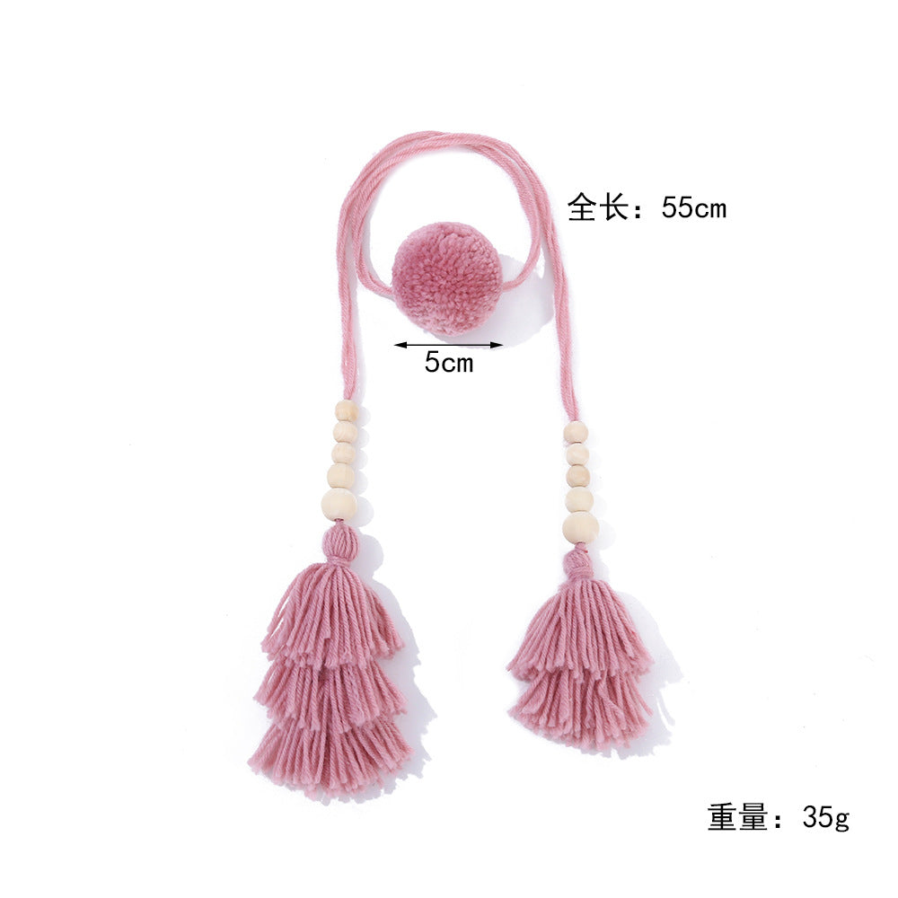 Wooden Bead Pom-Pom Tassel Pendant DIY Handmade Woven Pendant Ethnic Style Bag Charm Keychain Pendant Accessory