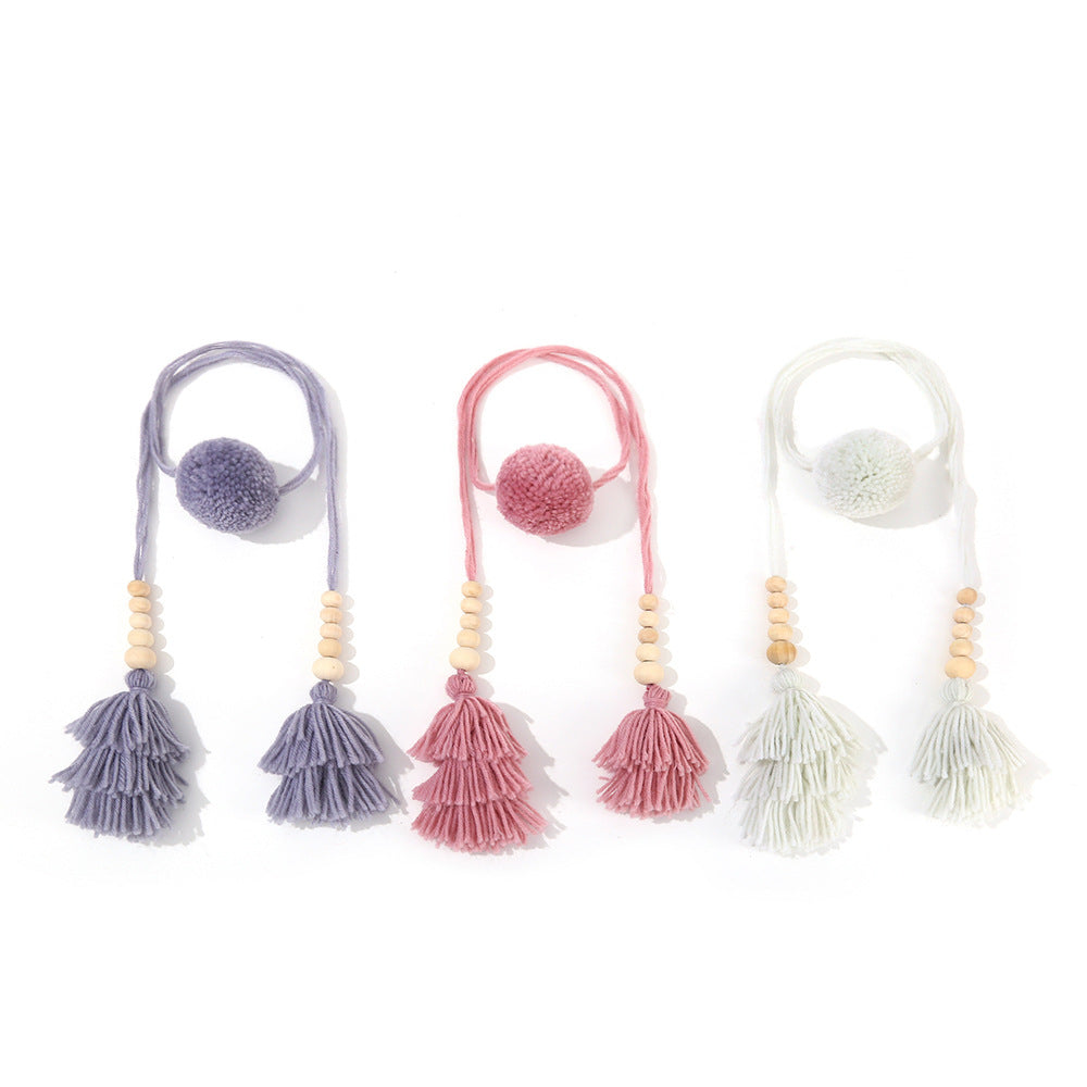 Wooden Bead Pom-Pom Tassel Pendant DIY Handmade Woven Pendant Ethnic Style Bag Charm Keychain Pendant Accessory