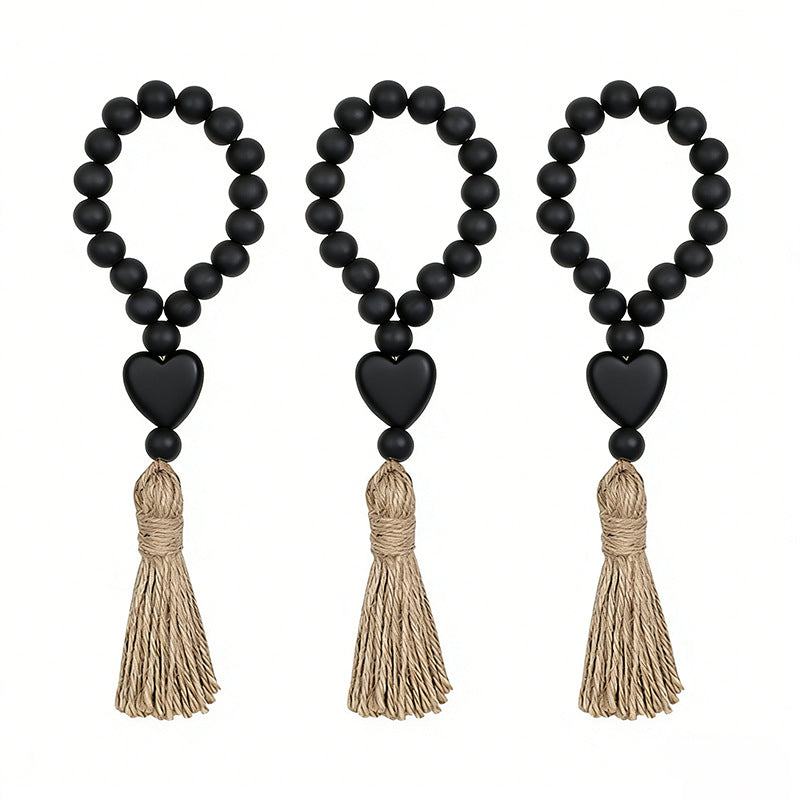 Cross-Border New Product: Pastoral Style Black Heart-Shaped Wooden Bead String with Hemp Rope Tassel, Bead Tray Decoration, Hanging Ornament, Wooden Beads