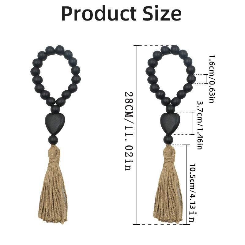 Cross-Border New Product: Pastoral Style Black Heart-Shaped Wooden Bead String with Hemp Rope Tassel, Bead Tray Decoration, Hanging Ornament, Wooden Beads