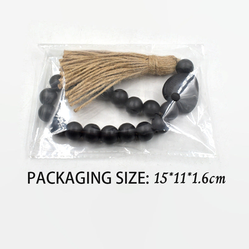 Cross-Border New Product: Pastoral Style Black Heart-Shaped Wooden Bead String with Hemp Rope Tassel, Bead Tray Decoration, Hanging Ornament, Wooden Beads