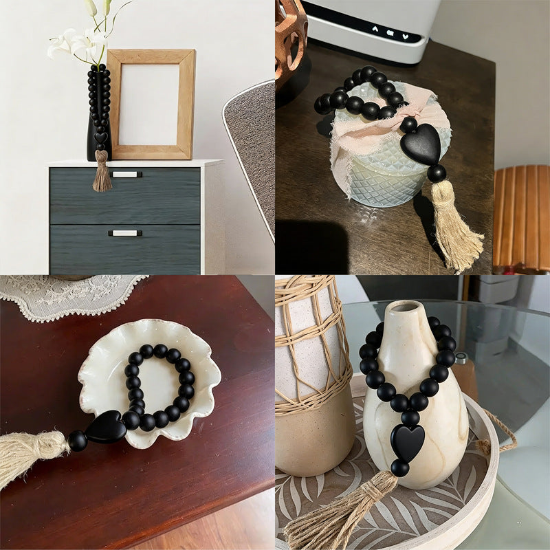 Cross-Border New Product: Pastoral Style Black Heart-Shaped Wooden Bead String with Hemp Rope Tassel, Bead Tray Decoration, Hanging Ornament, Wooden Beads