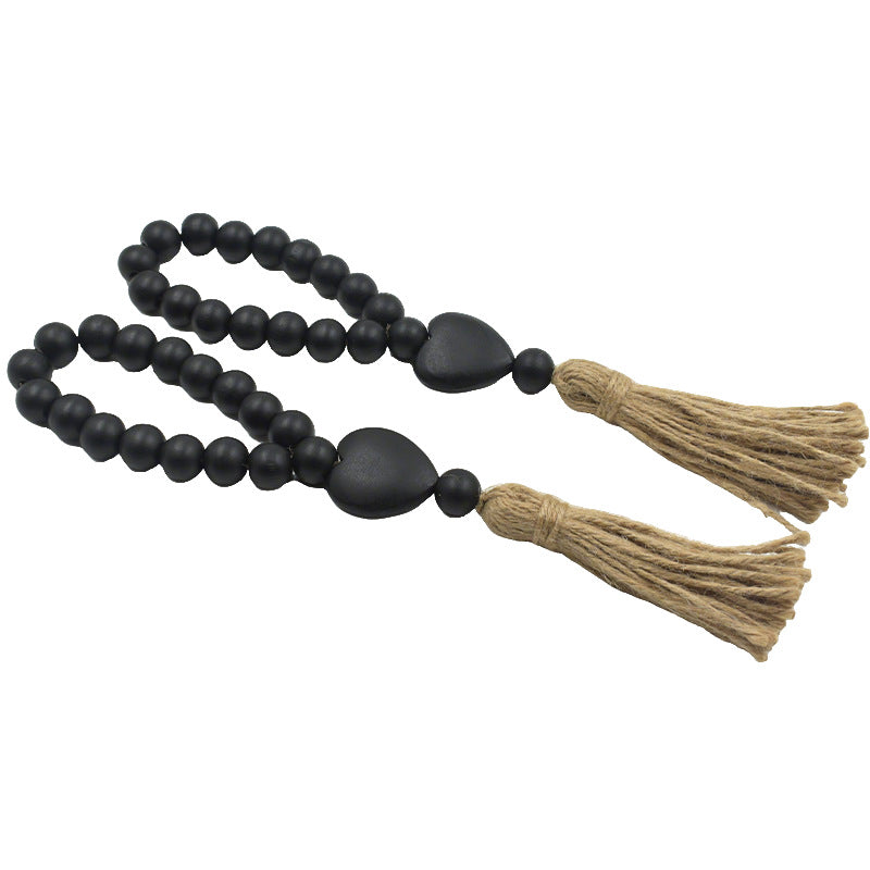 Cross-Border New Product: Pastoral Style Black Heart-Shaped Wooden Bead String with Hemp Rope Tassel, Bead Tray Decoration, Hanging Ornament, Wooden Beads