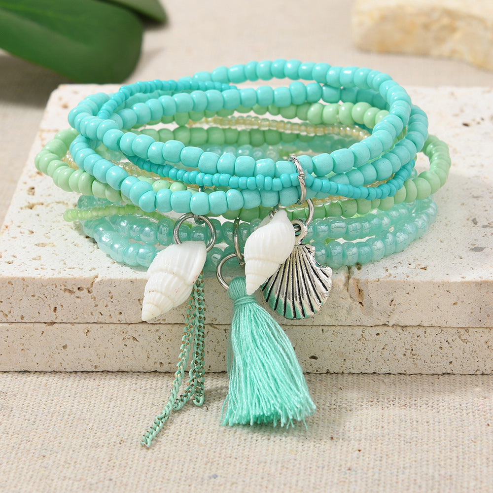 Ocean Style Small Whale and Turtle Pendant Glass Rice Beads Multi-Layer Bracelet Design Shell Rice Beads Stacked Bracelet