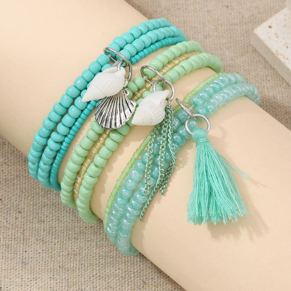 Ocean Style Small Whale and Turtle Pendant Glass Rice Beads Multi-Layer Bracelet Design Shell Rice Beads Stacked Bracelet