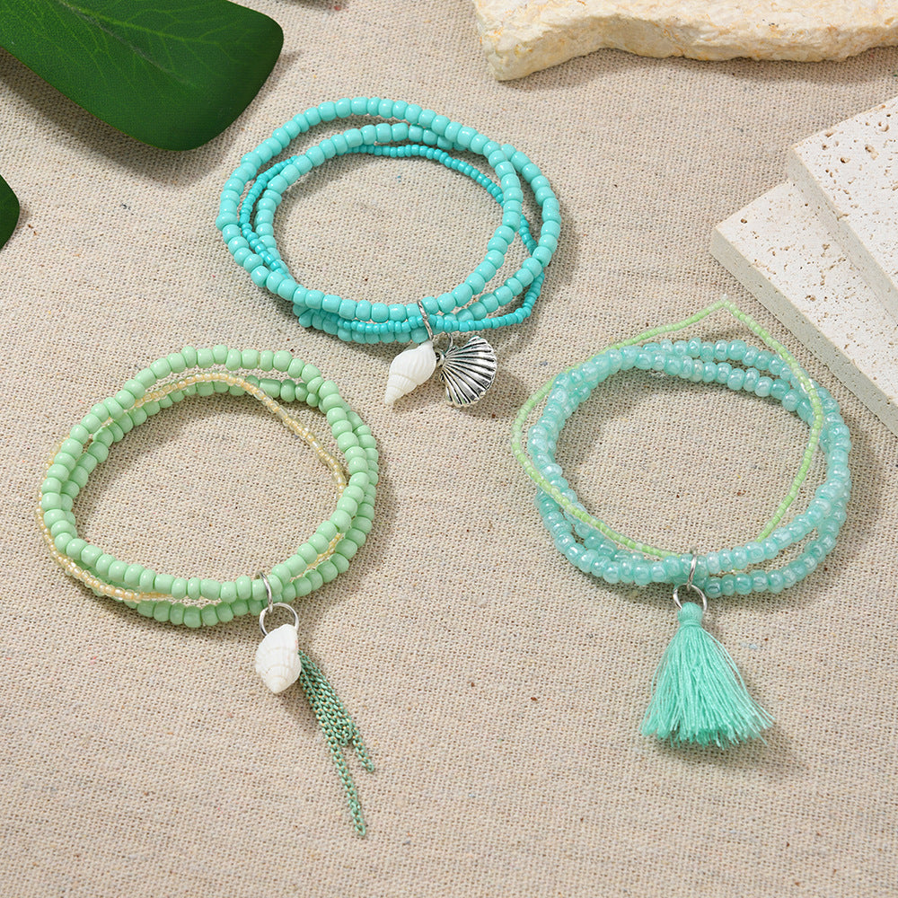 Ocean Style Small Whale and Turtle Pendant Glass Rice Beads Multi-Layer Bracelet Design Shell Rice Beads Stacked Bracelet