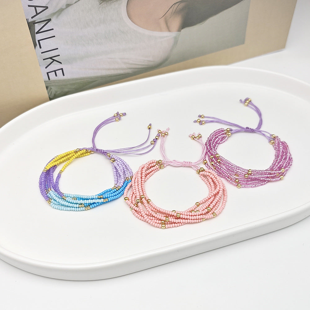 Multi-Layer Stacked Macron Color Millet Beads Ultra-Fine Beaded Bracelet Ins Bohemian Style Girls Friendship Bracelet