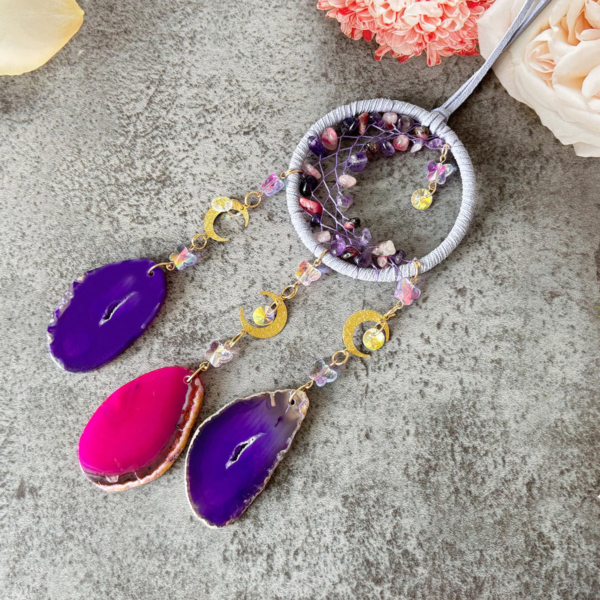 Purple Agate Slice Moon Crystal Car Pendant High-End Niche Men’S Gift Light Luxury
