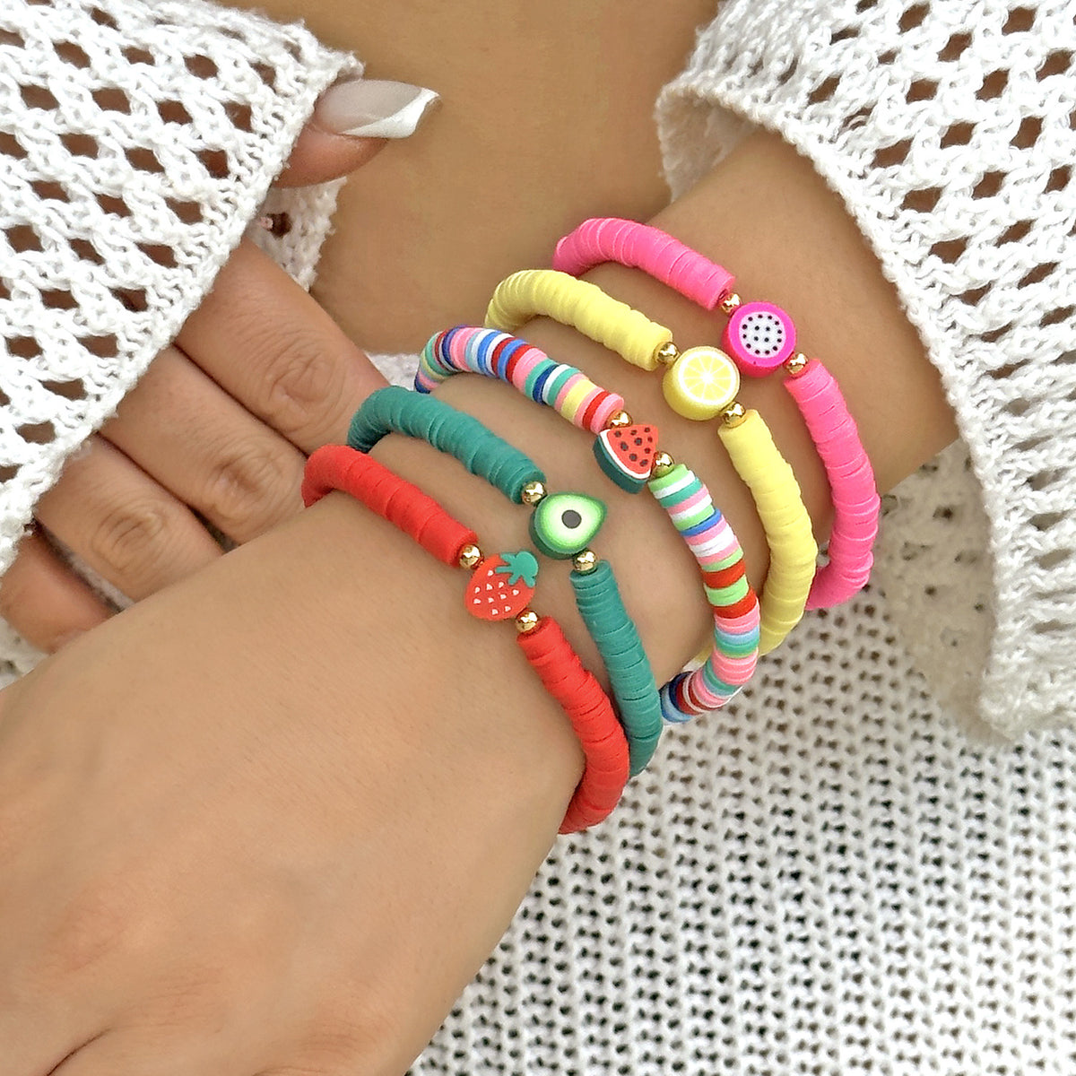 Summer Bracelets, Colorful Soft Clay Fruit Combination Bracelets for Women, Cute and Versatile Elastic Rope Hand Jewelry Wholesale