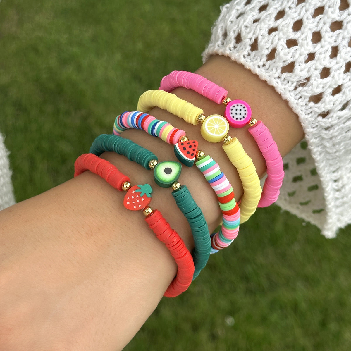 Summer Bracelets, Colorful Soft Clay Fruit Combination Bracelets for Women, Cute and Versatile Elastic Rope Hand Jewelry Wholesale