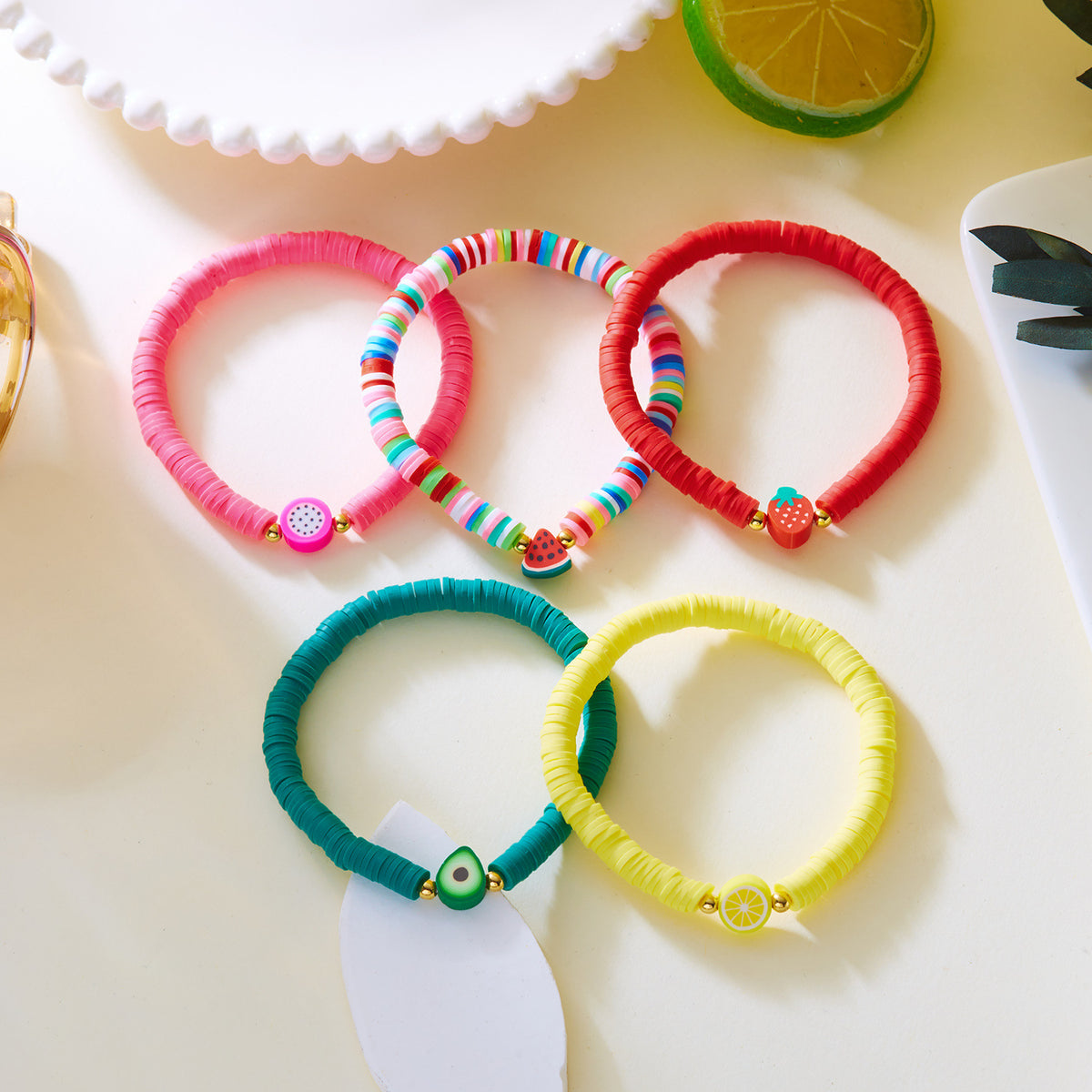 Summer Bracelets, Colorful Soft Clay Fruit Combination Bracelets for Women, Cute and Versatile Elastic Rope Hand Jewelry Wholesale