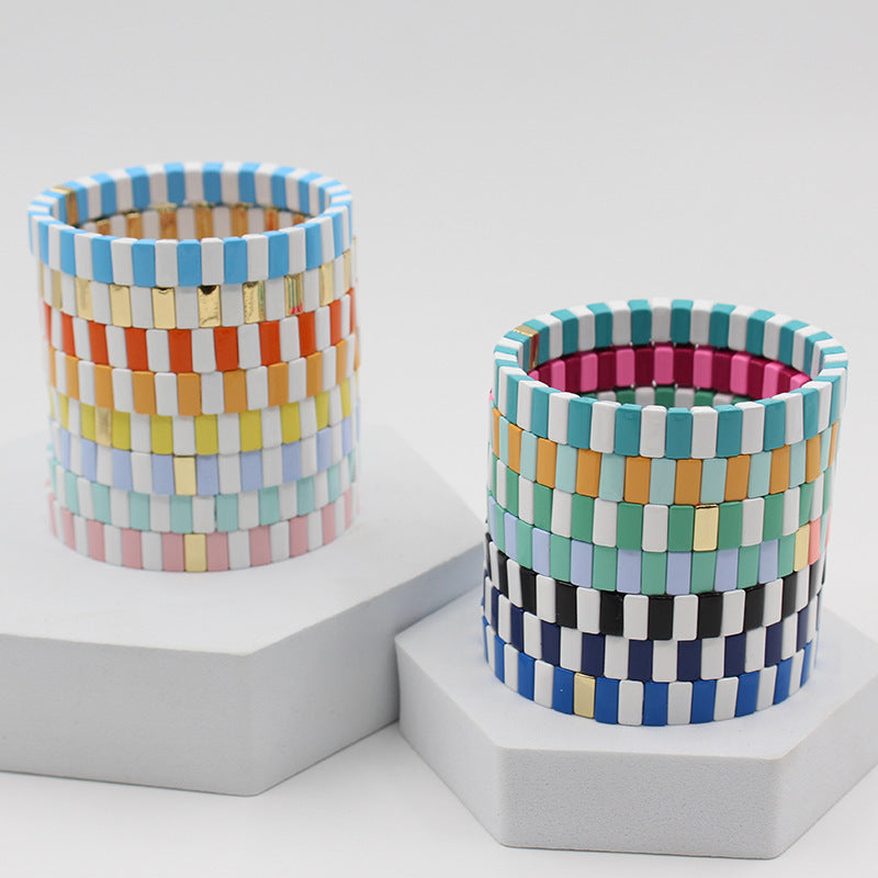 European and American ins Fashion Enamel Bracelet Bohemian Macaron Color-block Paint Stretch Bracelet for Men and Women