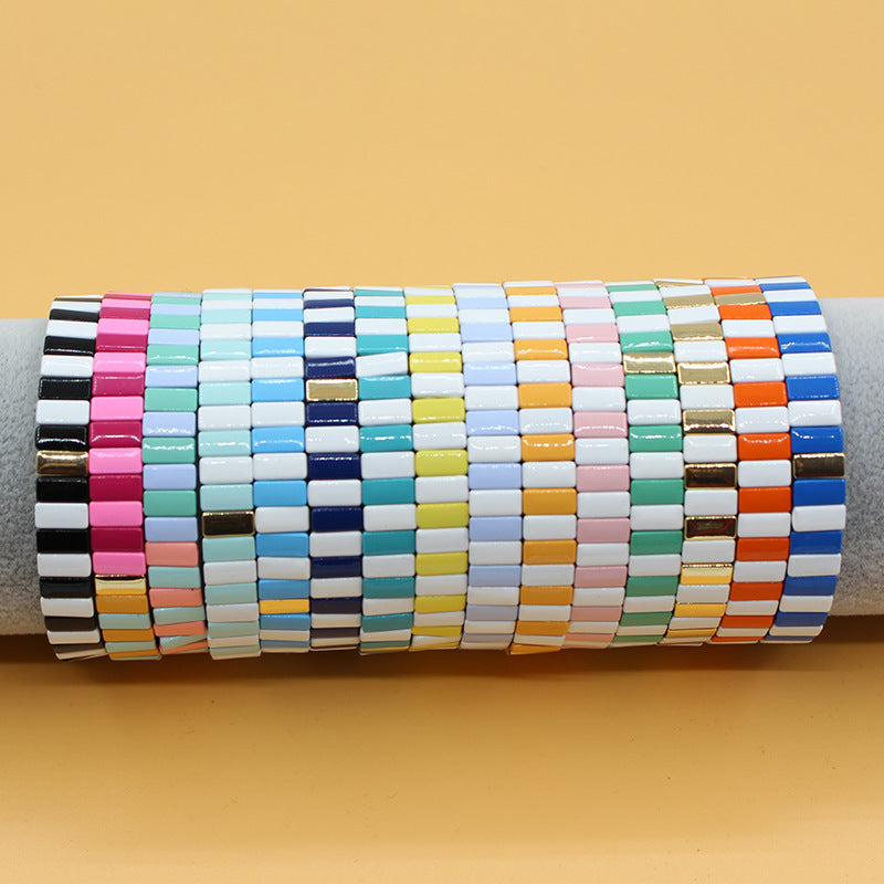 European and American ins Fashion Enamel Bracelet Bohemian Macaron Color-block Paint Stretch Bracelet for Men and Women