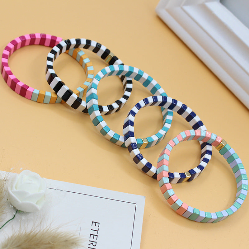 European and American ins Fashion Enamel Bracelet Bohemian Macaron Color-block Paint Stretch Bracelet for Men and Women