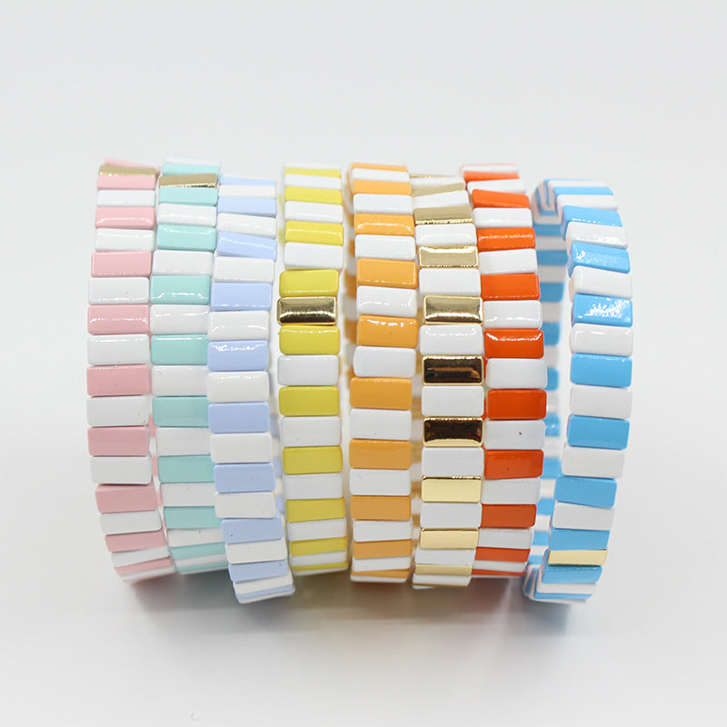 European and American ins Fashion Enamel Bracelet Bohemian Macaron Color-block Paint Stretch Bracelet for Men and Women