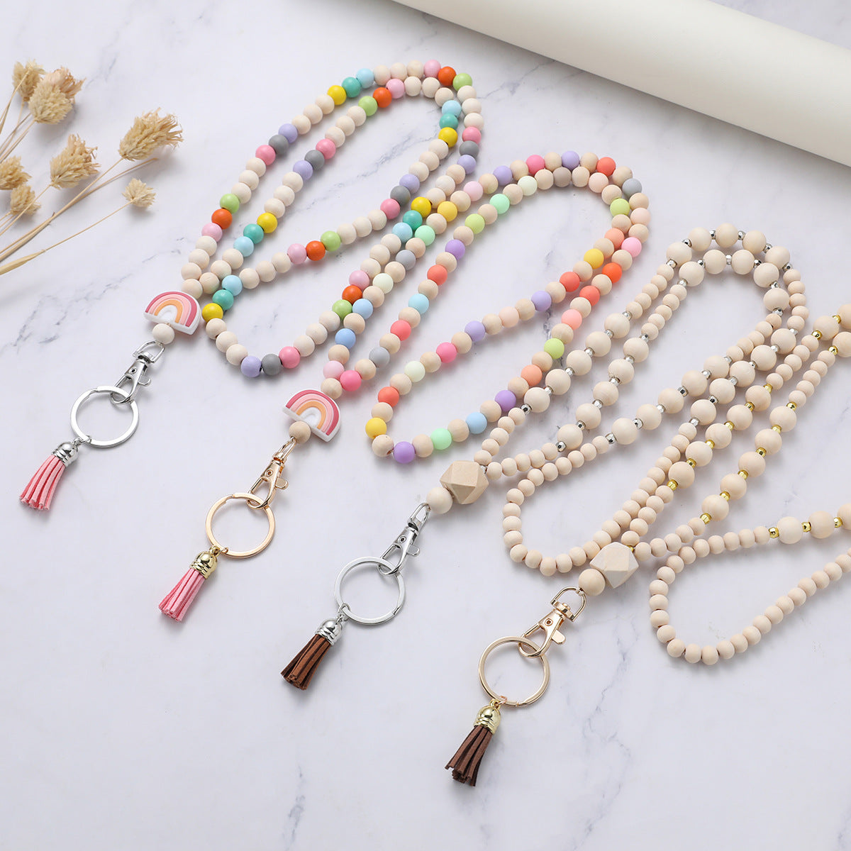 wooden beads handmade keychain rainbow tassel pendant key ring   necklace  card lanyard pendant