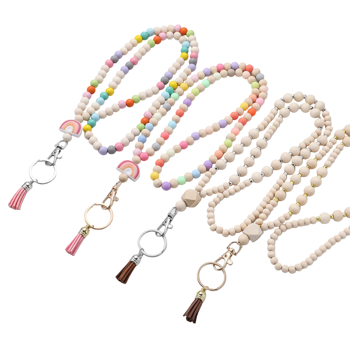wooden beads handmade keychain rainbow tassel pendant key ring   necklace  card lanyard pendant