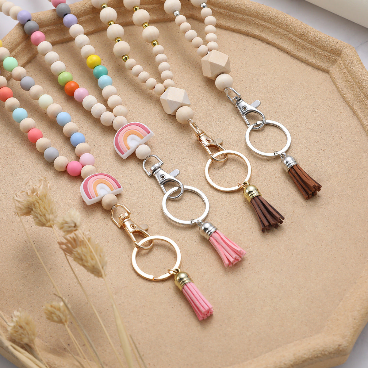 wooden beads handmade keychain rainbow tassel pendant key ring   necklace  card lanyard pendant