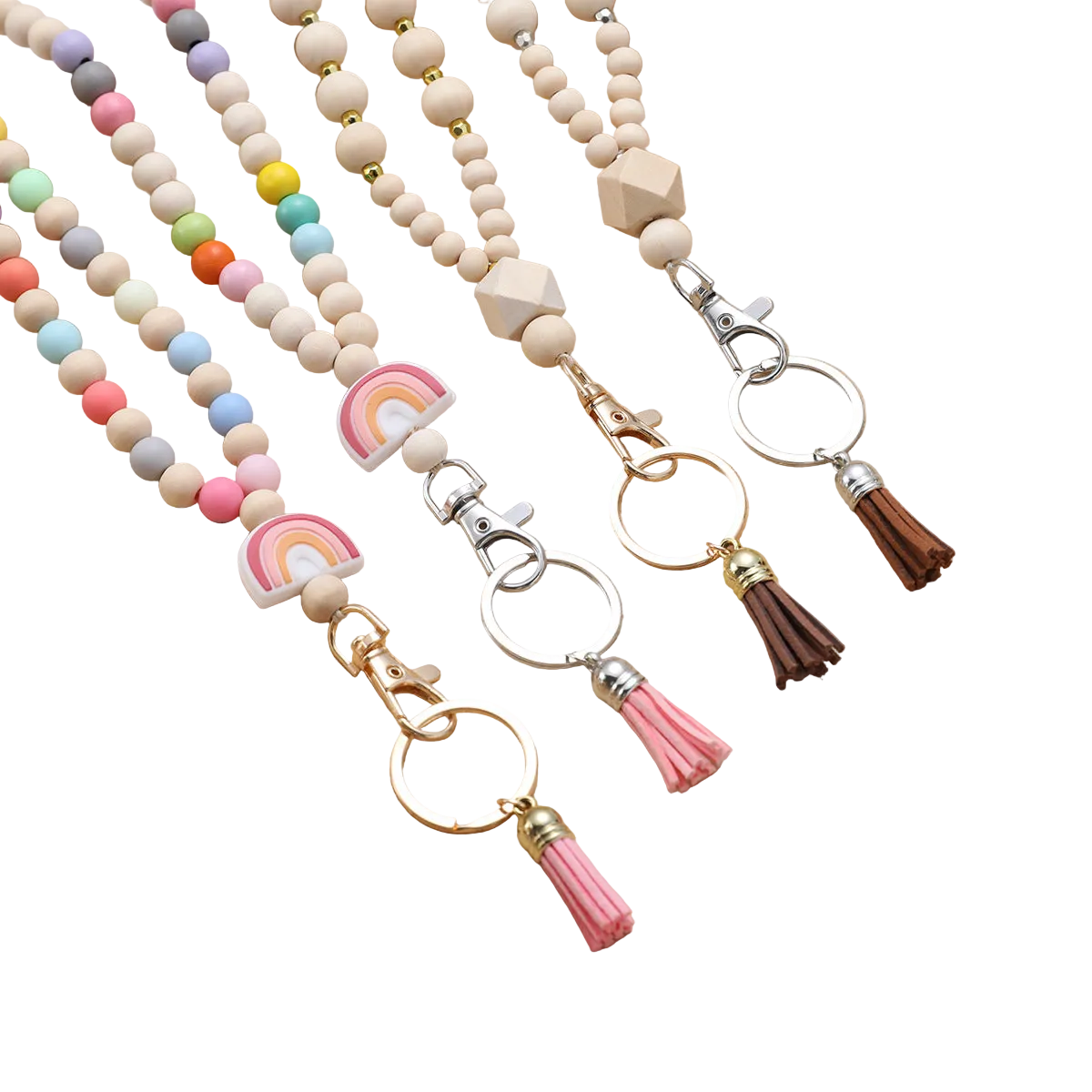 wooden beads handmade keychain rainbow tassel pendant key ring   necklace  card lanyard pendant
