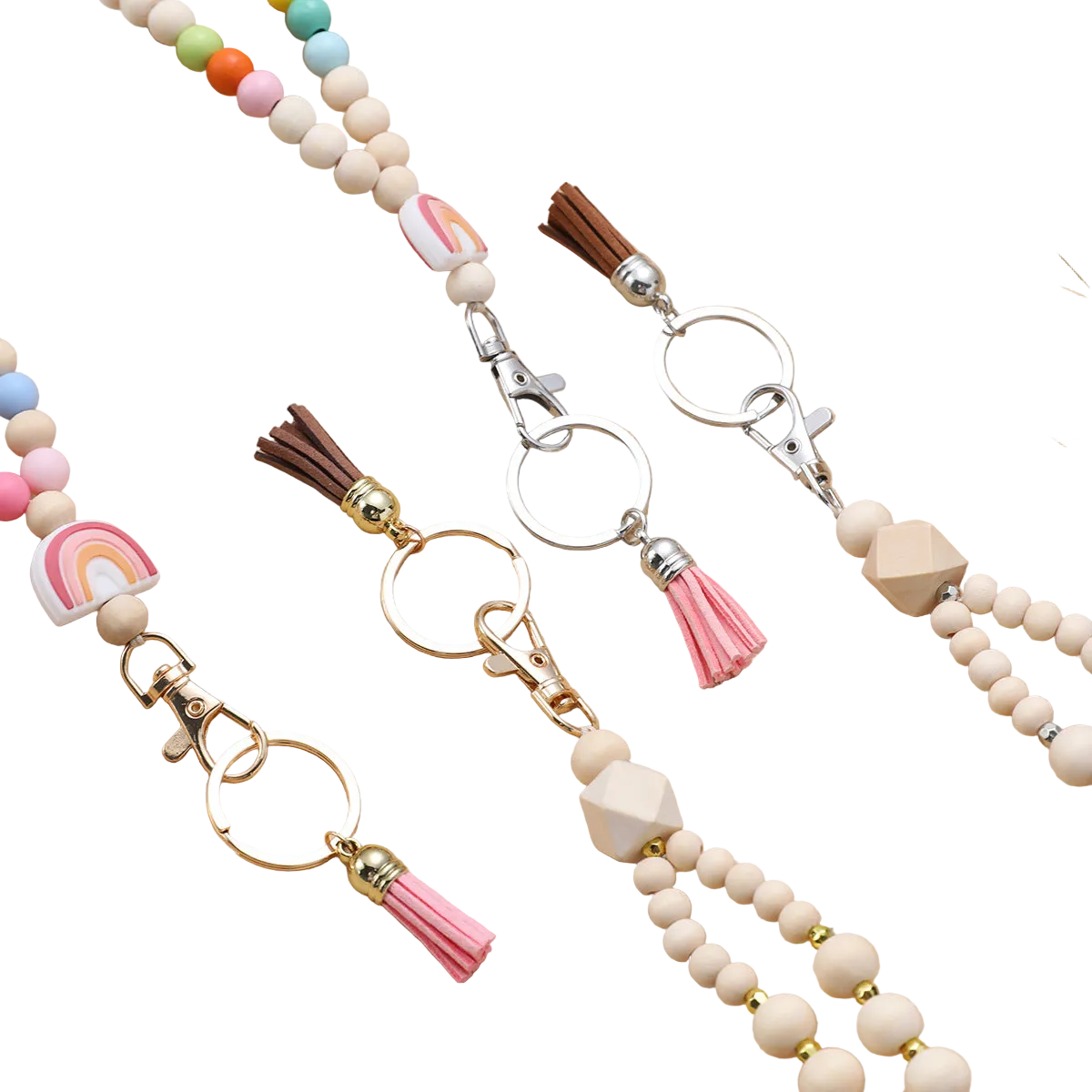 wooden beads handmade keychain rainbow tassel pendant key ring   necklace  card lanyard pendant