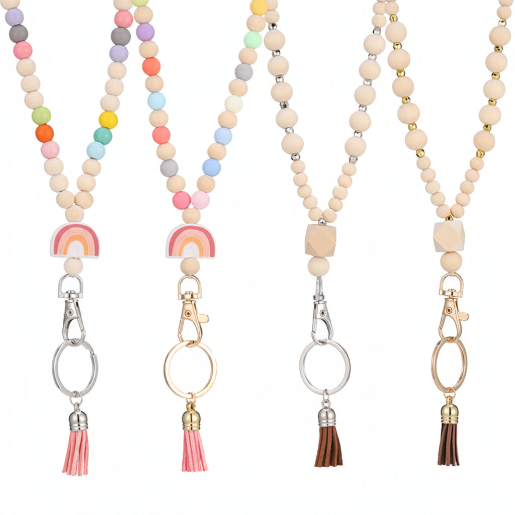 wooden beads handmade keychain rainbow tassel pendant key ring   necklace  card lanyard pendant