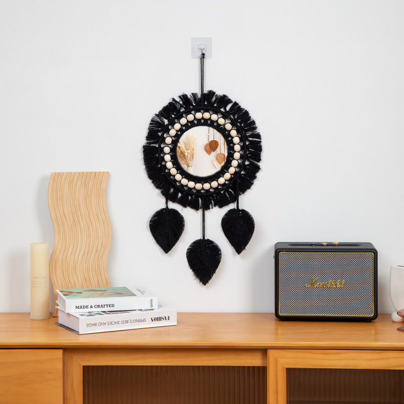 Nordic Mirror Decoration Bohemian Style Woven Handmade Cotton Thread Wooden Bead Tapestry Mirror Bedroom Vanity Mirror Ins Style