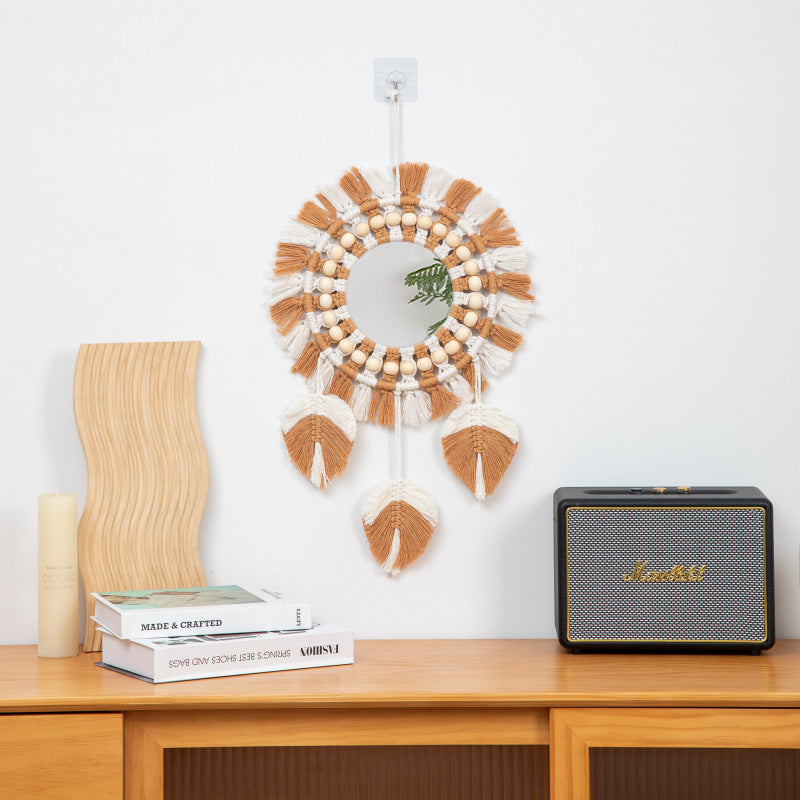 Nordic Mirror Decoration Bohemian Style Woven Handmade Cotton Thread Wooden Bead Tapestry Mirror Bedroom Vanity Mirror Ins Style