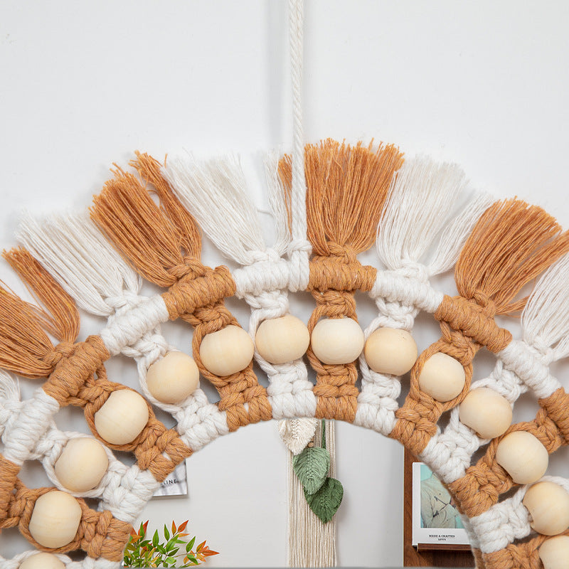 Nordic Mirror Decoration Bohemian Style Woven Handmade Cotton Thread Wooden Bead Tapestry Mirror Bedroom Vanity Mirror Ins Style