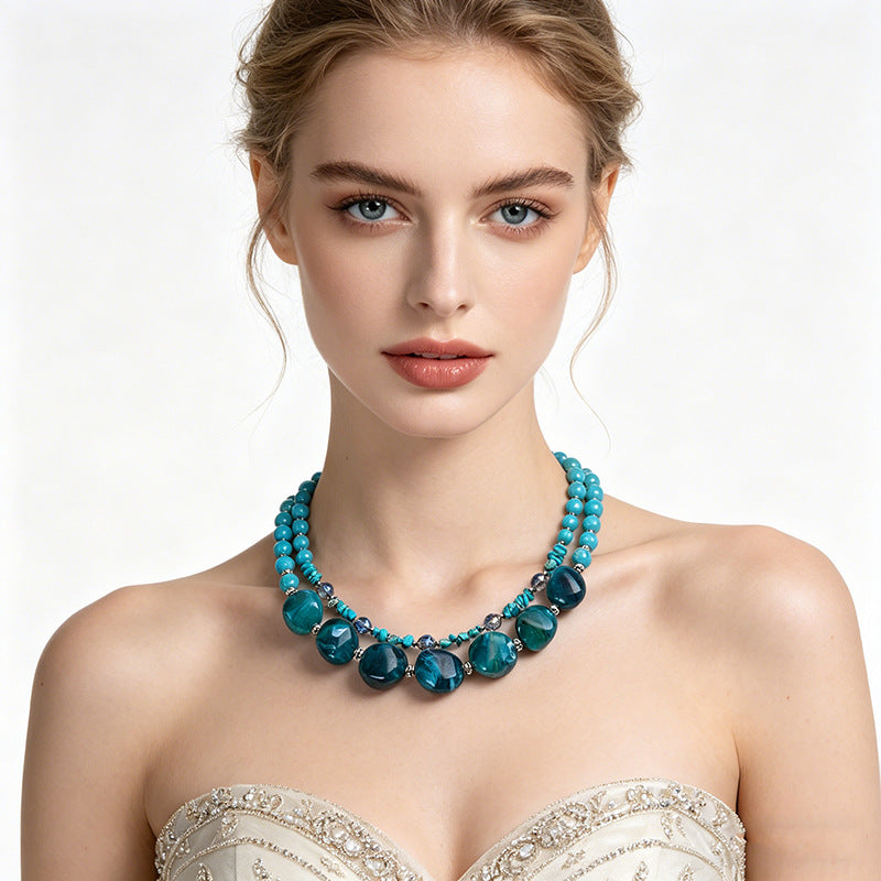 Summer Hot Bohemian Turquoise Necklace Beach Holiday Party Acrylic Beaded Multi-Layer Necklace for Women