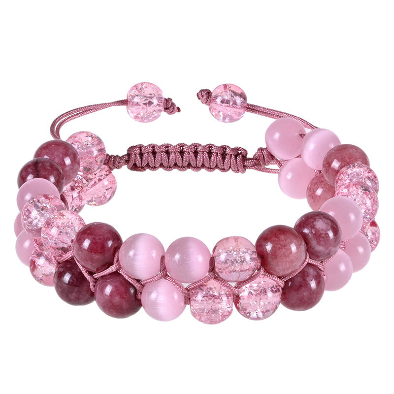 Cross-Border European and American Fashion Garnet Cat's Eye Stone Double-Row Bracelet Natural Stone Beaded Double-Layer Braided Bracelet Women's Jewelry
