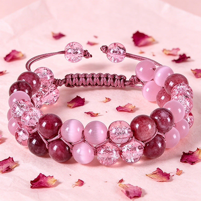 Cross-Border European and American Fashion Garnet Cat's Eye Stone Double-Row Bracelet Natural Stone Beaded Double-Layer Braided Bracelet Women's Jewelry