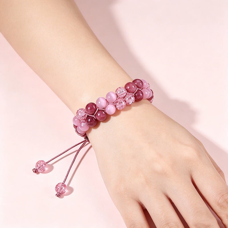 Cross-Border European and American Fashion Garnet Cat's Eye Stone Double-Row Bracelet Natural Stone Beaded Double-Layer Braided Bracelet Women's Jewelry