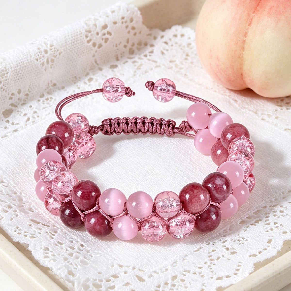 Cross-Border European and American Fashion Garnet Cat's Eye Stone Double-Row Bracelet Natural Stone Beaded Double-Layer Braided Bracelet Women's Jewelry