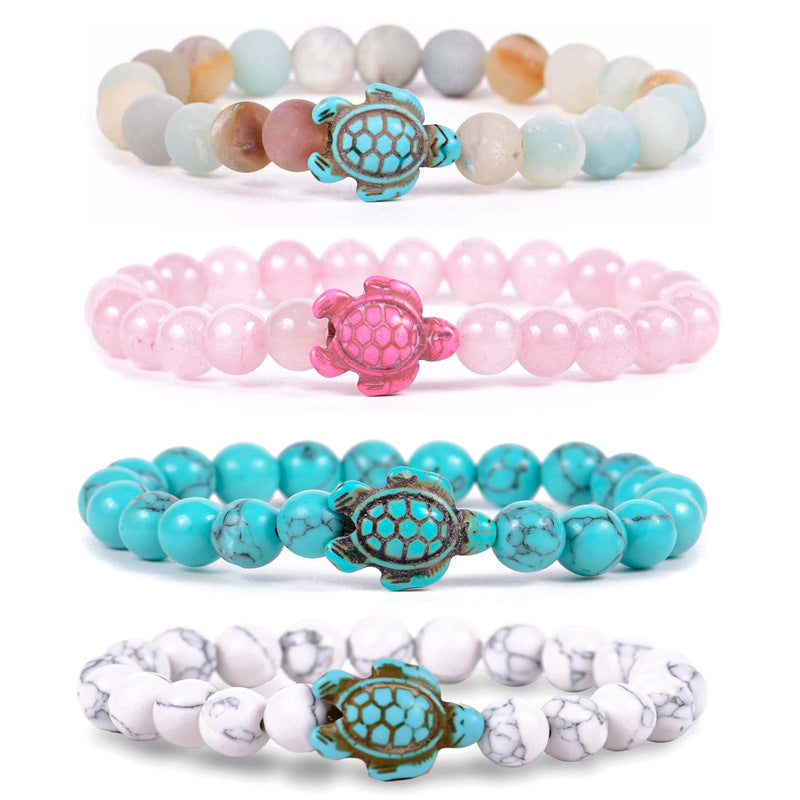 4Pcs Marine Turtle Model 8mm Marine Turquoise Pink Crystal Semi-Precious Stone Protective Turtle Beaded Bracelet